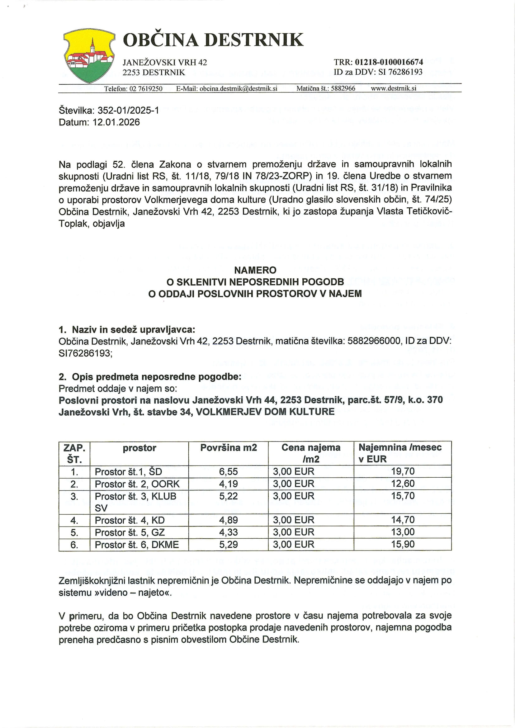 Namera o sklenitvi neposrednih pogodb o oddaji poslovnih prostorov v najem-1